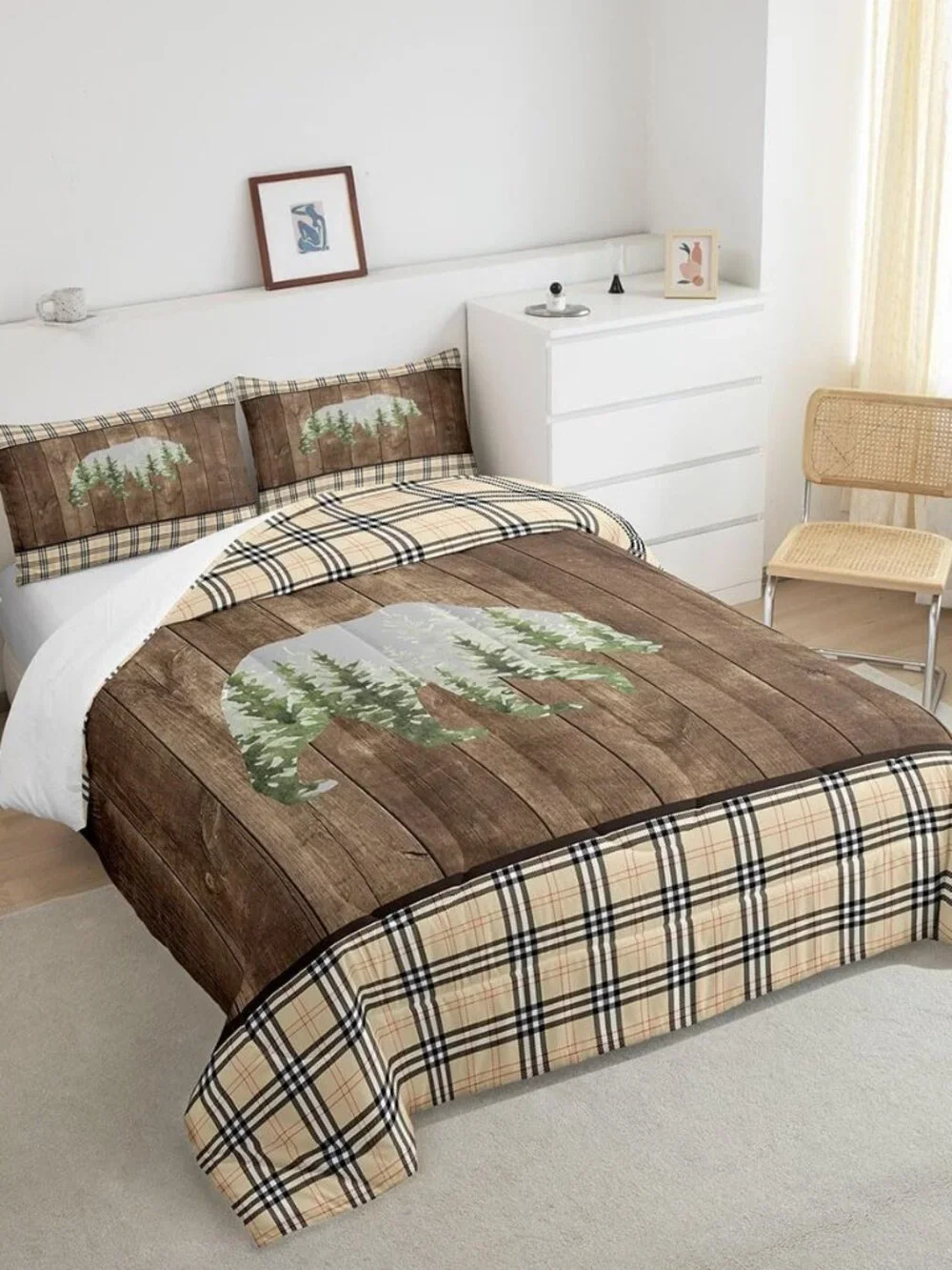 Bear Cabin Comforter Set Vintage Plaid Brown Wooden Stripes Bedding Set for Kids
